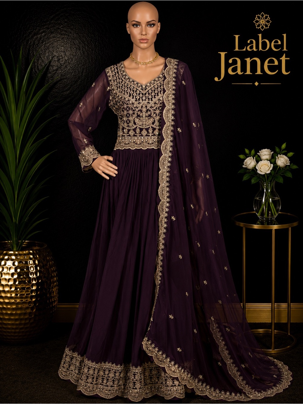 Women's Deep Plum Embroidered Anarkali Dress